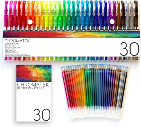 Glitter Pens 60 Set by Chromatek. Best Colors. 200% the Ink: 30 Gel Pens, 30 Refills. Super Glittery Ultra Vivid Colors. No Repeats. Professional Art Pens. New & Improved.