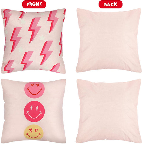 Decorative Preppy Throw Pillows Cushion Covers 4 Pcs Leopard Hot Pink Pillowcover Smile Face Room Decor Thunder Preppy Stuff Room Decor Aesthetic Howdy Pillows Case for Teen Home Decor, 18 x 18 Inch