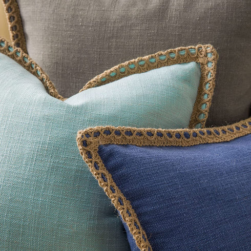 Phantoscope Pack of 2 Farmhouse Decorative Throw Pillow Covers Burlap Linen Trimmed Tailored Edges Navy Blue 22 x 22 inches, 55 x 55 cm