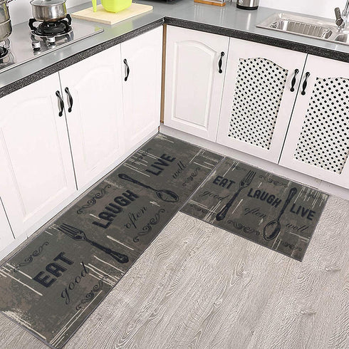 Carvapet 2 Piece Kitchen Rug Set Non-Slip Backing Mat Throw Rug for Kitchen Doormat Runner Rug Set, Motto Design, Taupe(17"x48"+17"x24")