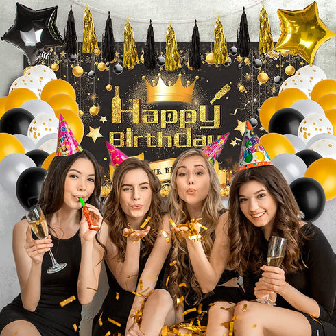 Birthday Decorations for Him 78 pcs Black and Gold Birthday Party Decoration for Men Boys Kids with Happy Birthday Backdrop Banner Balloons Star Foil Balloons Hanging Tassels