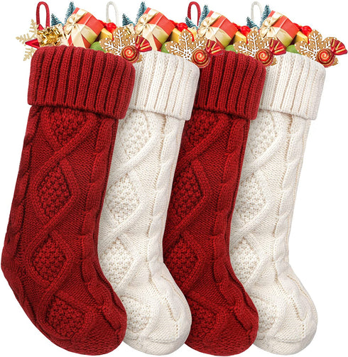 HOMEBROS Christmas Stockings, 4 Packs Large Christmas Stockings 18 Inches Classic Cable Knitted Christmas Stockings Ivory White and Burgundy for Family Xmas Holiday Party Decoration