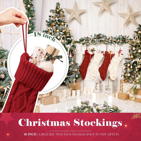HOMEBROS Christmas Stockings, 4 Packs Large Christmas Stockings 18 Inches Classic Cable Knitted Christmas Stockings Ivory White and Burgundy for Family Xmas Holiday Party Decoration