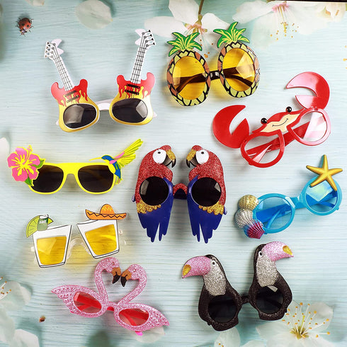 Golray 9 Pairs Luau Party Sunglasses for Adult Kids Hawaiian Tropical Birthday Party Favors Bulk Glasses with Flamingo Parrot Flip Crab, Summer Beach Pool Party Decoration Supplies Favors Props