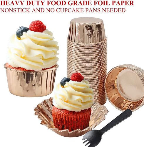 Foil Cupcake Liners With Lids 100 Pack,LNYZQUS 5.5 Oz Cupcake Tins Muffin Tins,Disposable Ramekins Muffin Cups Cupcake Cups Wrappers Holders For Wedding Party,with Spoons-Champagne