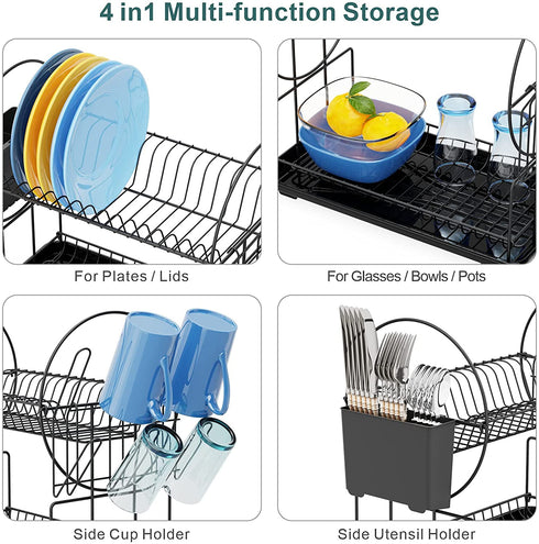 Dish Drying Rack, GSlife Rust-Resistant Small 2 Tier Dish Rack with Drainboard Set, Dish Drainer with Utensil Holder & Cup Holder for Kitchen Counter, Black