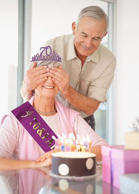 70th Birthday Gifts for Women,70th Birthday Tiara and Sash Purple,70th Birthday Decorations Party Supplies,70& Fabulous Birthday Satin Sash Crystal Tiara Birthday Crown for 70th Birthday Party Decor