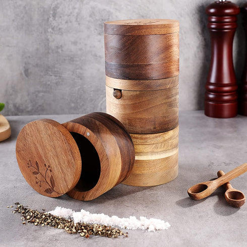 DGYLL Acacia Wood Salt Container with spoon Salt cellar Salt keeper Spice storage box Condiment pot Sugar bowl with spoon and swiveling lid Size: 3.5DIA x 2.5H inch (1pc no pattern /w spoon)