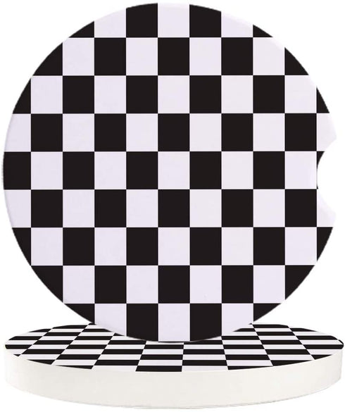 Absorbent Stone Car Coasters for Drinks,Absorb Condensation for protect the Car Cup Holder,Small 2.56"Diameter,Set of 2,Simple Black and White Checkered Flag