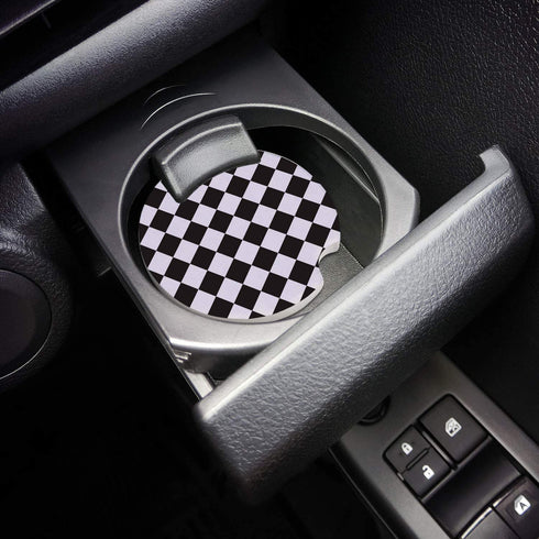Absorbent Stone Car Coasters for Drinks,Absorb Condensation for protect the Car Cup Holder,Small 2.56"Diameter,Set of 2,Simple Black and White Checkered Flag