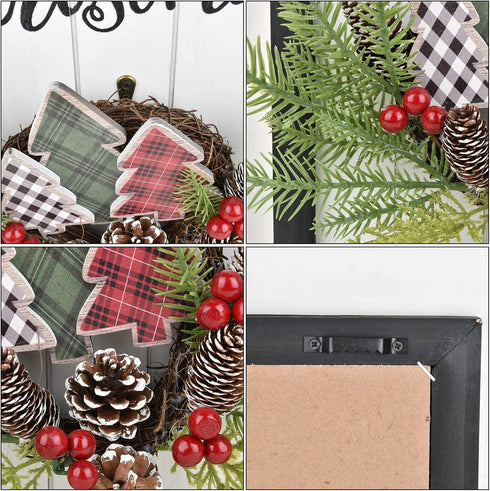 Lvydec Christmas Haning Wall Sign Decoration, 17 x 12 Inch Merry Christmas Hanging Sign Rustic Farmhouse Door Sign with a Small Wreath for Front Door Wall Window Holiday Decoraiton