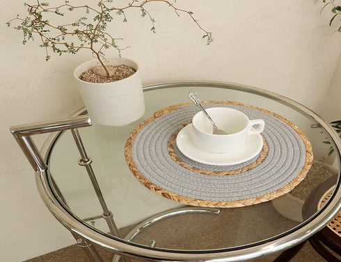 LEVIMETREE Rattan Placemats Set of 4, Natural Cotton and Rattan Woven Coasters, 11.8-inch Round Placemats for Dining Table, Kitchen, Heat Resistant Thick Rattan Chargers, Fall Place Mat Grey Placemats
