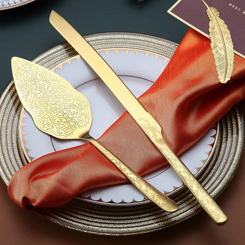 Berglander Gold Wedding Cake Knife and Server Set, Titanium Gold Plating With Unique Pattern Design Cake Cutter Serving Set Perfect For Wedding, Birthday, Parties and Events Dishwasher Safe