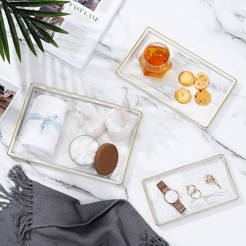 Luxspire Bathroom Vanity Tray, Golden Rimmed Jewelry Organizer rectangle Ceramic Tray, Kitchen Countertop Ring Dish Holder Cosmetic Organizer plate for Candles Perfume Home D©cor, Medium, Marble White