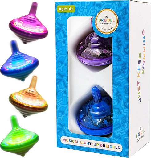 Hanukkah Musical Light-Up Dreidel Spinning Tops Set, Plays 2 Classic Hanukkah Songs, Assorted Colors (2-Pack)