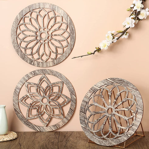 3 Pcs Thickened Wooden Rustic Wall Decor Flower Carved Wall Art Farmhouse Geometric Frame Hanging Art Decor for Home Decor (Light Brown,Round)