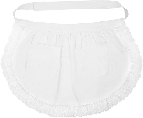 BESTONZON Women's Waist Apron with Pockets Lace Cotton Half Apron Kitchen Party Favors for Maid Waitress Servant(White)