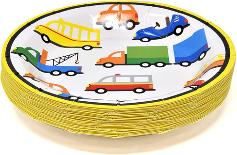 Traffic Jam Cars Trucks Transportation Party Supplies Tableware Set 24 9" Paper Plates 24 7" Plate 24 9 Oz Cups 50 Lunch Napkins for Construction Transport Vehicle Disposable Birthday Decorations