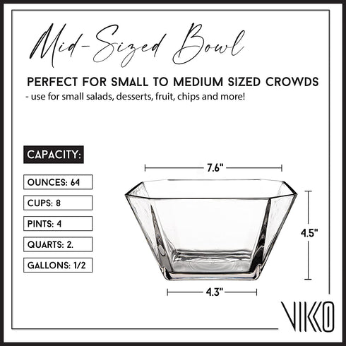 Vikko 64.25 Ounce Glass Serving Bowl | Beautiful Geometric Squared Shape, Made from Thick, Durable Glass, Great for Salads, Dessert, Fruit, and More, Microwave and Dishwasher Safe