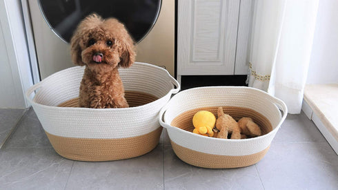 Dog Toy Basket White Brown Cotton Rope Basket Shallow Cute Pet Toy Storage Bin Home Storage Woven Basket for Living Room Clothes Towel Blanket Item Storage Basket