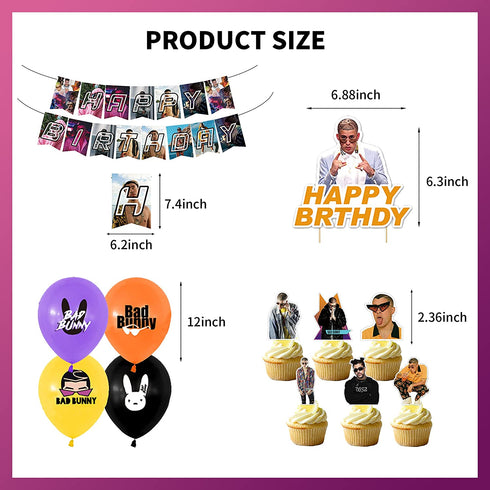 107 Pcs Bad Bunny Party Decorations, Bad Bunny Birthday Decorations, Party Supplies includes Happy Birthday Banner, Balloons, Cake Topper, Cupcake Toppers, Backdrop, Stickers