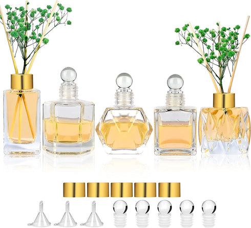 Diffuser Glass Bottles Set of 5 DIY Empty Clear Glass Fragrance Bottle with Gold Caps Reeds Sticks Vase Decorative Oil Diffusers for Home Office Desk Decoration Wedding Replacement Girl Women Gift