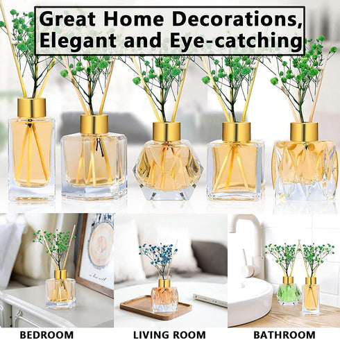 Diffuser Glass Bottles Set of 5 DIY Empty Clear Glass Fragrance Bottle with Gold Caps Reeds Sticks Vase Decorative Oil Diffusers for Home Office Desk Decoration Wedding Replacement Girl Women Gift