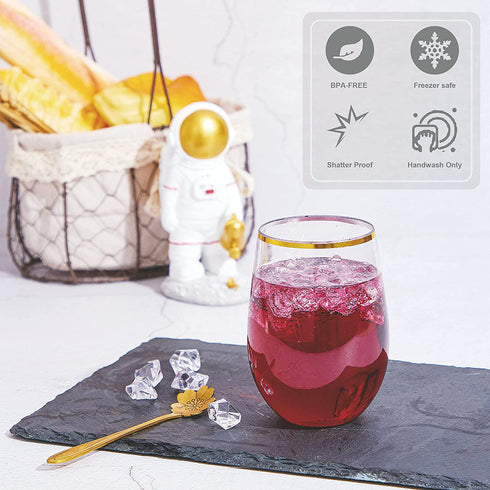16oz Plastic Stemless Wine Glasses w/Gold Rim - Unbreakable Disposable Cocktails & Scotch Tumbler,Crystal Shatterproof Drinking Glassware Goblet for Homes,Outdoor,Wedding, Anniversary - Set of 6