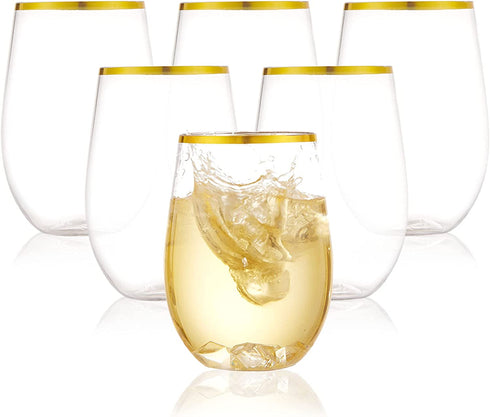 16oz Plastic Stemless Wine Glasses w/Gold Rim - Unbreakable Disposable Cocktails & Scotch Tumbler,Crystal Shatterproof Drinking Glassware Goblet for Homes,Outdoor,Wedding, Anniversary - Set of 6