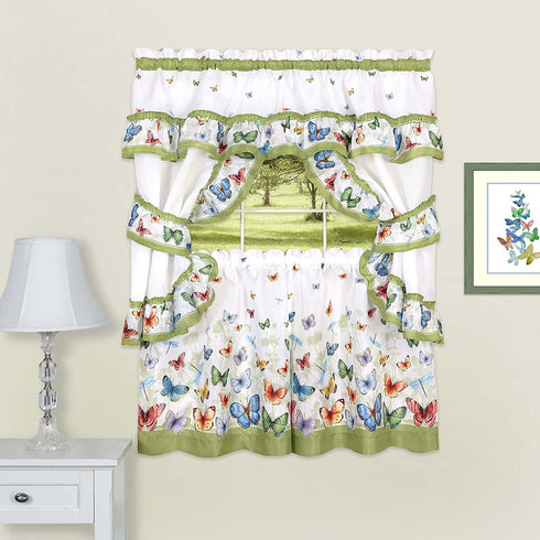 Achim Home Furnishings Butterflies Printed Cottage Window Curtain Set, 57 in x 36 in, Green