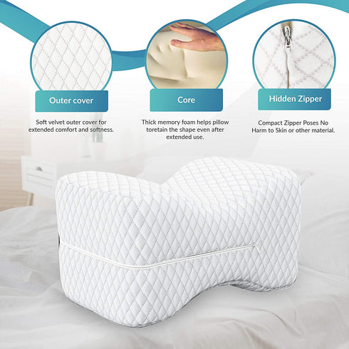 MODVEL Orthopedic Knee Pillow | Memory Foam Cushion for Hip, Sciatica & Lower Back Pain Relief | Provides Support & Comfort (MV-104) (White)