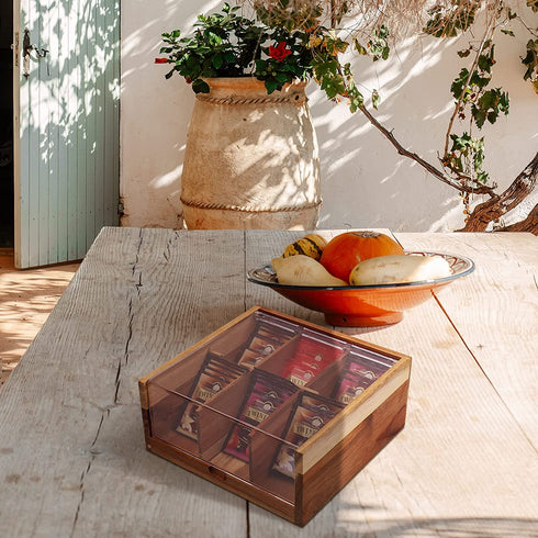 Acacia Wood Tea Bag Organizer Storage, 6 Compartments Tea Chest Box with Acrylic Transparent Hinged Lid By HTB