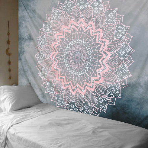 Mandala Tapestry Grey Pink Tapestry Hippie Bohemian Floral Tapestries Wall Hanging for Room Bedroom