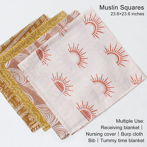 LifeTree 4 Pack Muslin Baby Cloths | Bamboo Cotton Bibs Burp Cloths Towel for Boys & Girls | 23.5" x 23.5" (Rainbows / Sunshine) | Muslin Squares Receiving Blankets