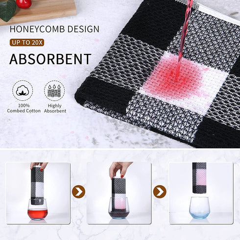 Mordimy 100% Cotton Waffle Weave Check Plaid Kitchen Towels, 13 x 28 Inches, Super Soft and Absorbent Dish Towels for Kitchen, 4-Pack, White & Black