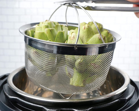 RSVP International Mesh Colander Strainer Basket with Folding Handles, 3 Quarts | For Pasta, Frying, & Salads | Dishwasher Safe | Use in Pressure Cookers | Steaming, Draining & Rinsing