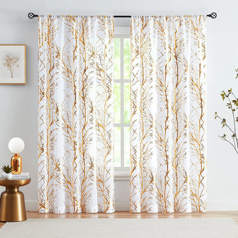 FMFUNCTEX Gold White Tree Sheer Curtains 45" Length Foil Branch Tree Curtain Panels for Living Room Bedroom Light Filtering Curtain Panels for Small Windows Rod Pocket 2 Panels