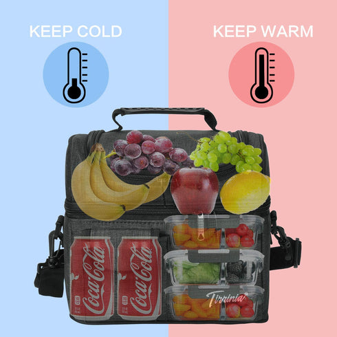 Tirrinia Insulated Lunch Bag, Leakproof Thermal Bento Cooler Tote for Women and Men, Dual Compartment with Shoulder Strap, 10.3" x 7.5" x 8.6", Black