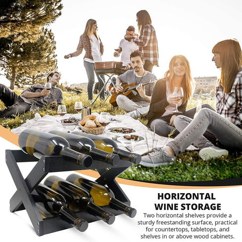 Hivory Wine Rack ~Counter top Wine Racks~ Foldable Wooden Wine Rack ~ Space Saver Wine Bottle Holder ~ Elegant Wine Holder for Kitchen, Bar, Cabinets ~ Holds 6 Bottles (Black, 1)