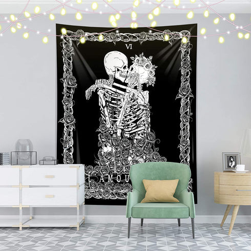 Skeleton Wall Tapestry for Bedroom,Black Skull Kissing Lovers Tapestry Wall Hanging,Romantic Tarot Tapestry for Room, Living Room Dorm Decoration?82.7" x 59.1"