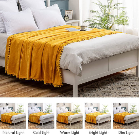 MIULEE Fleece Throw Blanket with Pompom Tassel for Halloween Soft Flannel Cozy Mustard Yellow Bed Blanket Fuzzy Plush Warm Farmhouse Boho Decor for Couch Sofa Bed Throw Size 50"x60"