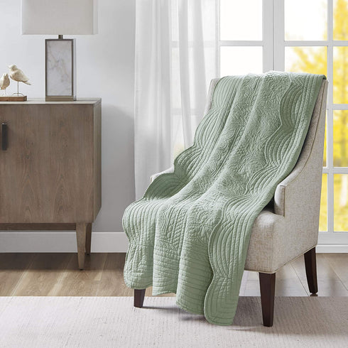 Madison Park Tuscany Luxury Oversized Quilted Throw with Scalloped Edges Seafoam 60x72 Quilted Premium Soft Cozy Microfiber For Bed, Couch or Sofa