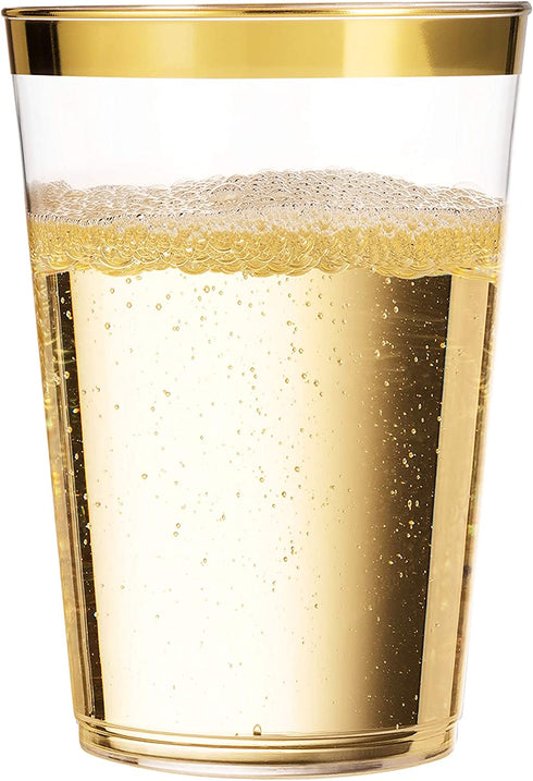 100 Gold Plastic Cups 10 Oz Clear Plastic Cups Tumblers Gold Rimmed Cups Fancy Disposable Wedding Cups Elegant Party Cups with Gold Rim