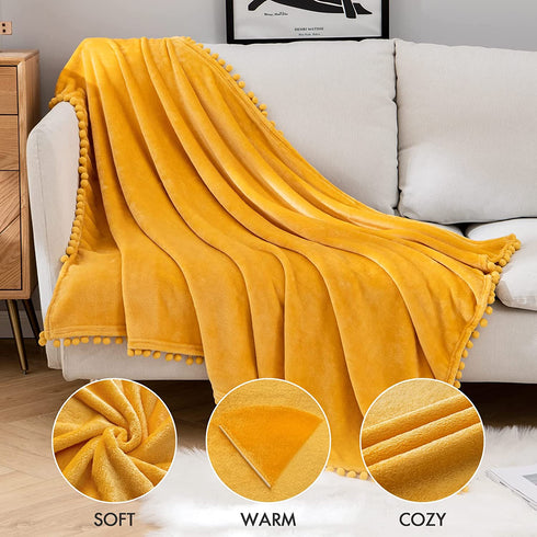 MIULEE Fleece Throw Blanket with Pompom Tassel for Halloween Soft Flannel Cozy Mustard Yellow Bed Blanket Fuzzy Plush Warm Farmhouse Boho Decor for Couch Sofa Bed Throw Size 50"x60"