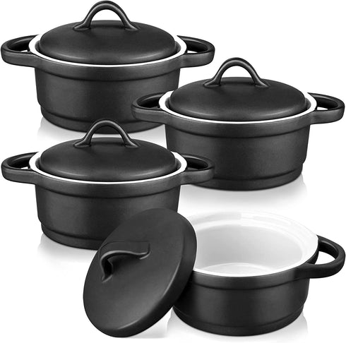 Ramekin with Lid, vancasso 6 Oz Creme Brulee Ramekins Bowls, Porcelain Soufflé Dishes Set of 4 Oven Safe for Baking, Small Ceramic Casserole Dish with Cover and Handle for Cake, Dessert, Black