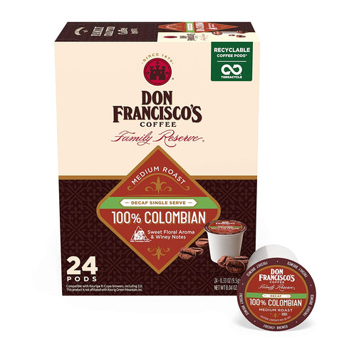 Don Francisco's Decaf 100% Colombia Supremo Medium Roast Coffee Pods - 24 Count - Recyclable Single-Serve Coffee Pods, Compatible with your K-Cup Keurig Coffee Maker (Including 2.0)