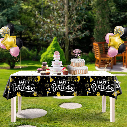 Happy Birthday Decorations, 6pcs Black and Gold Birthday Tablecloth for Men Women, Plastic Disposable Rectangle Table Cover for 90th 80th 70th 60th 50th 40th 30th Birthday Party Decor- 54" x 108"