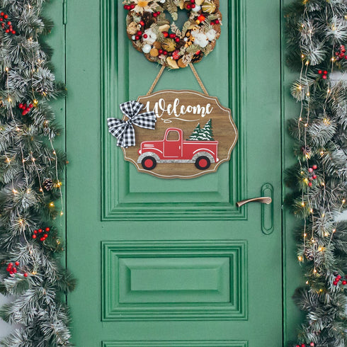 Winder Truck Welcome Sign for Front Door Red Truck Decor with 6-PC Interchangeable Seasonal Icons Farmhouse Wooden Wall Hanging for Birthday Halloween Christmas Holiday Hanger Decorations(Natural Red Truck)
