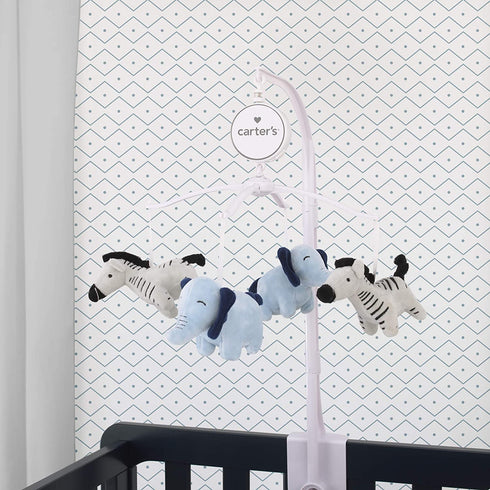 Carter's Safari Party - Musical Mobile with 2 Plush Blue Elephants & 2 Plush Grey & Black Striped Zebras, Blue, Grey, Black