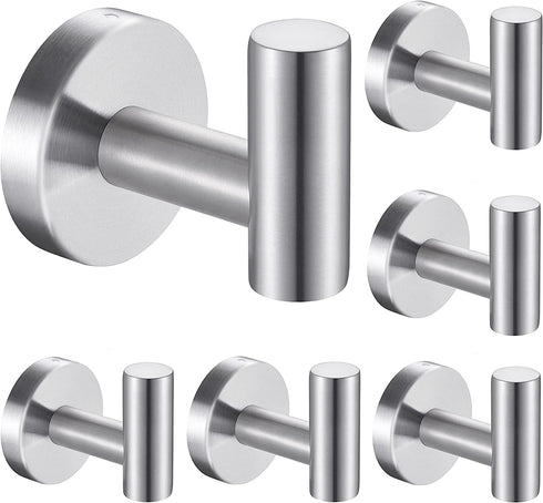 Towel Hooks Bath Towel Hook 6 Pack Wall Hooks SUS 304 Stainless Steel Coat Hooks, Heavy Duty Robe Hook Holder for Bathroom Kitchen Garage Home Hotel Cabinet Office(Silver)